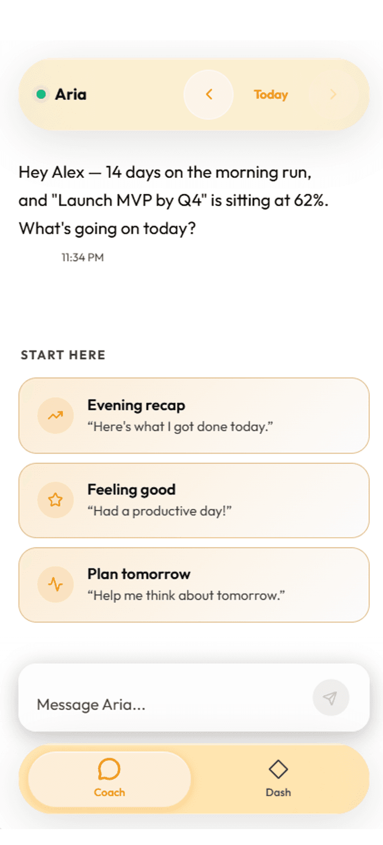 A conversation with the AI coach: streak, goals, and what to focus on today